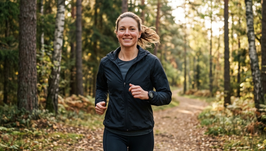 Donna piena di energia e vitalità che corre nella natura